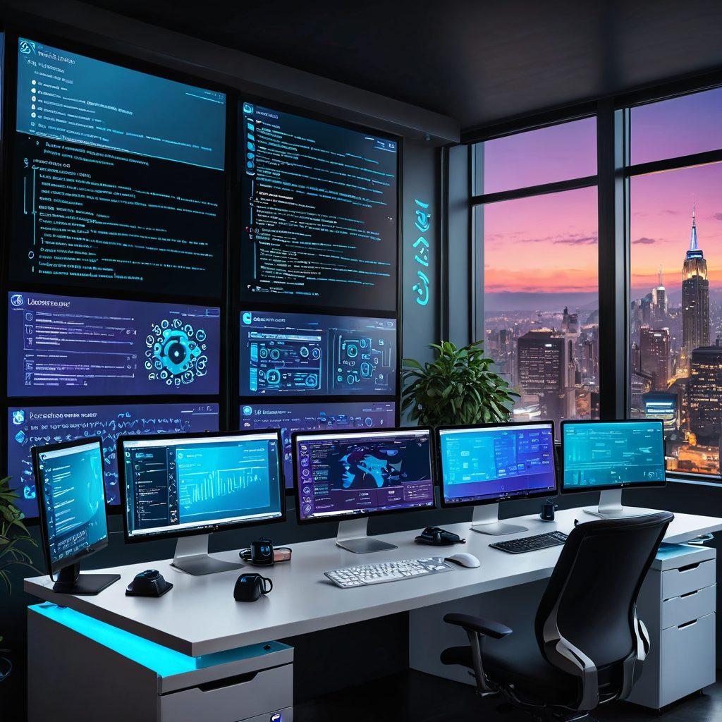 A modern, vibrant workspace setup with multiple screens displaying web development tools and code snippets, surrounded by icons of popular web development resources like React, VSCode, and GitHub. Include a futuristic cityscape visible through the window, symbolizing innovation. vector art. bright colors.