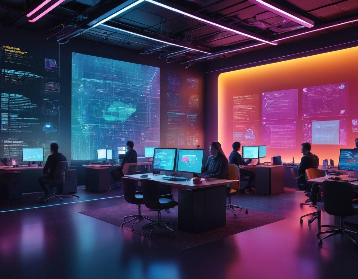 A dynamic and futuristic workspace filled with sleek code snippets, advanced development tools, and vibrant holographic UI/UX designs floating in the air. A diverse group of developers collaborating passionately, with a glowing matrix-like background symbolizing innovation. Incorporate elements like coffee cups, sticky notes, and modern gadgets for an authentic touch. super-realistic. vibrant colors. high-tech atmosphere.
