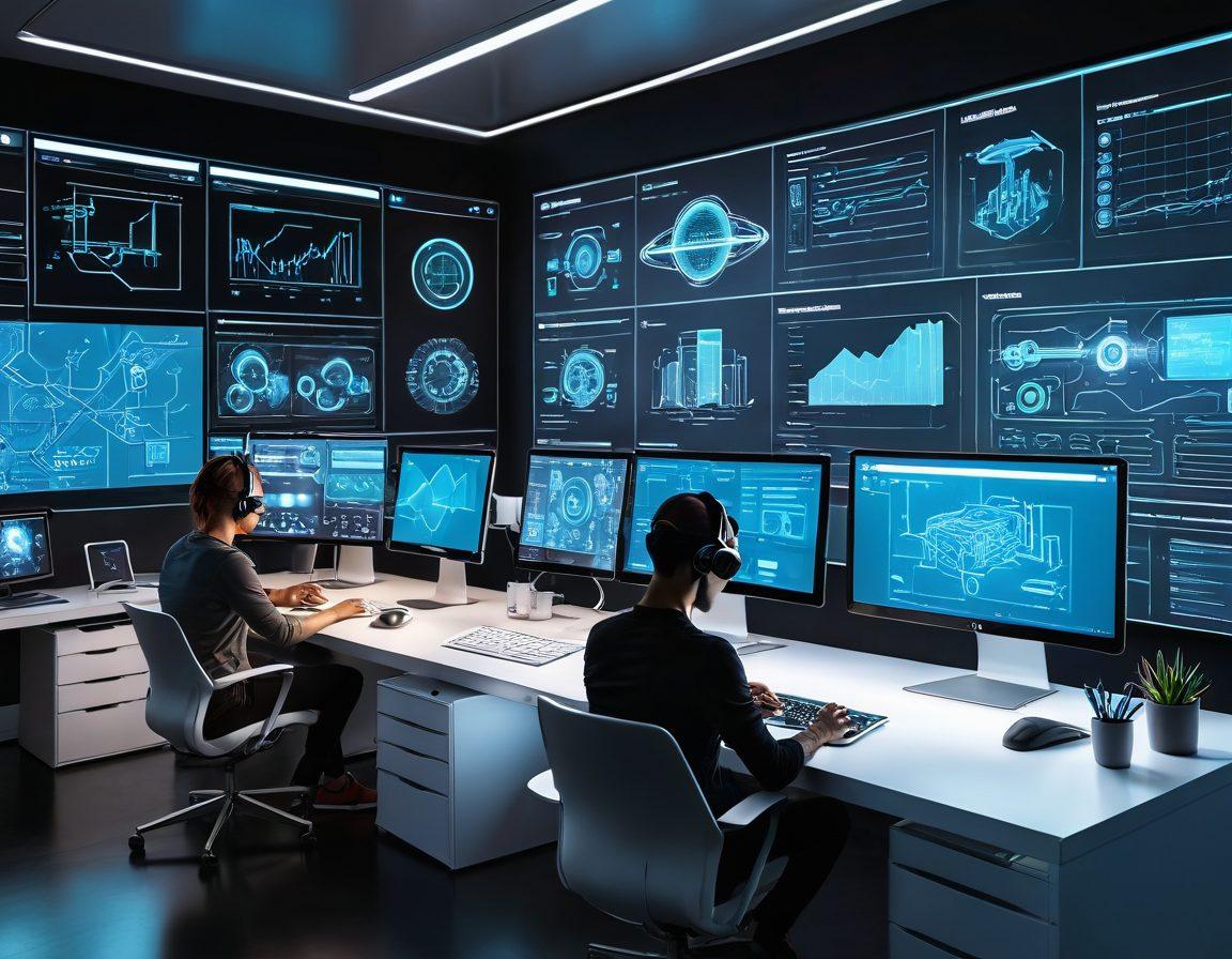 A vibrant, high-tech workspace featuring a sleek modern computer with multiple screens displaying various web design tools and platforms like Figma, Adobe XD, and Sketch. Include a diverse group of developers collaborating and brainstorming with digital tablets and VR headsets. Add futuristic holographic elements and digital blueprints floating in the background. super-realistic. vibrant colors.